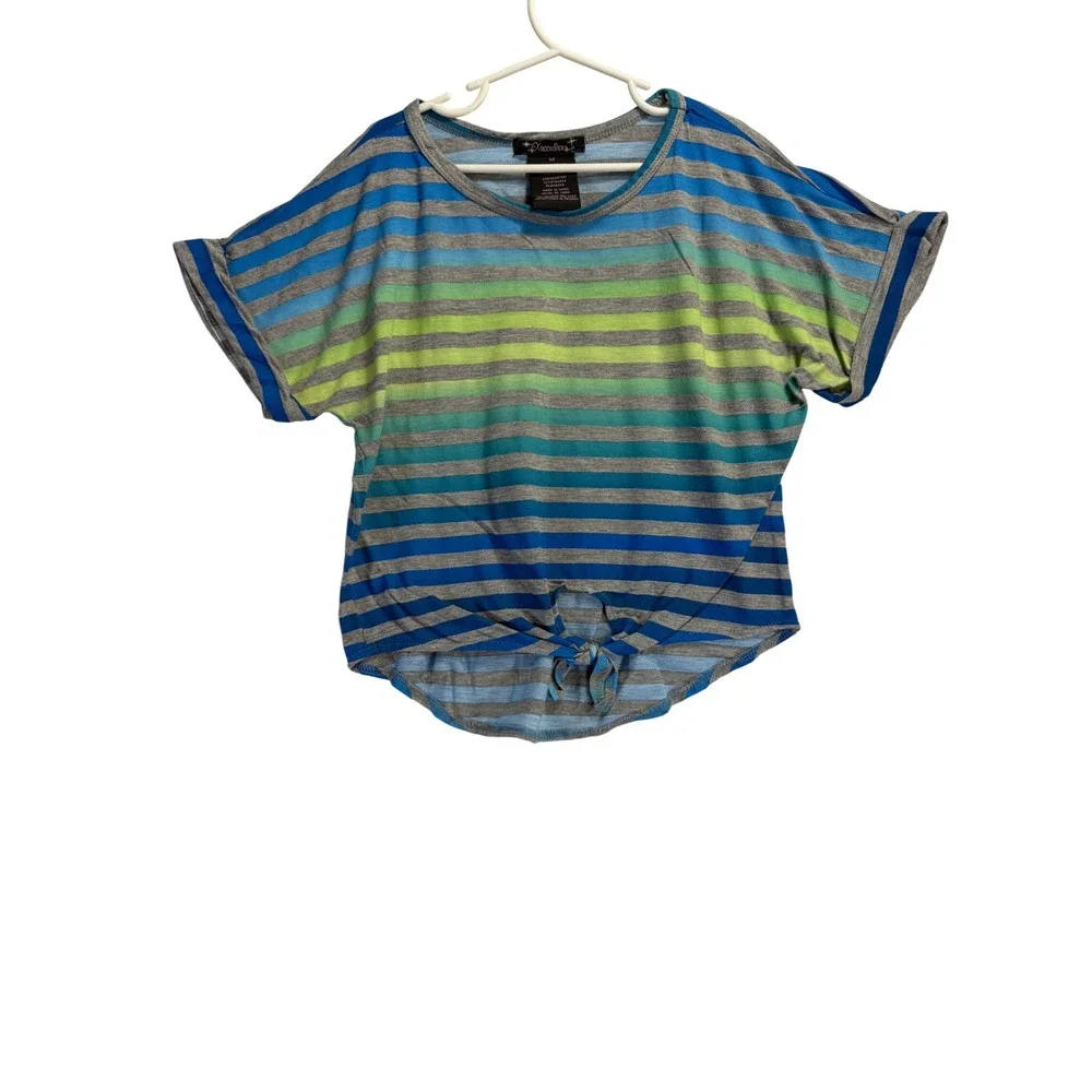 Xtraordinary Girls Blue Green Striped Tie Front Short Sleeve Top Size M